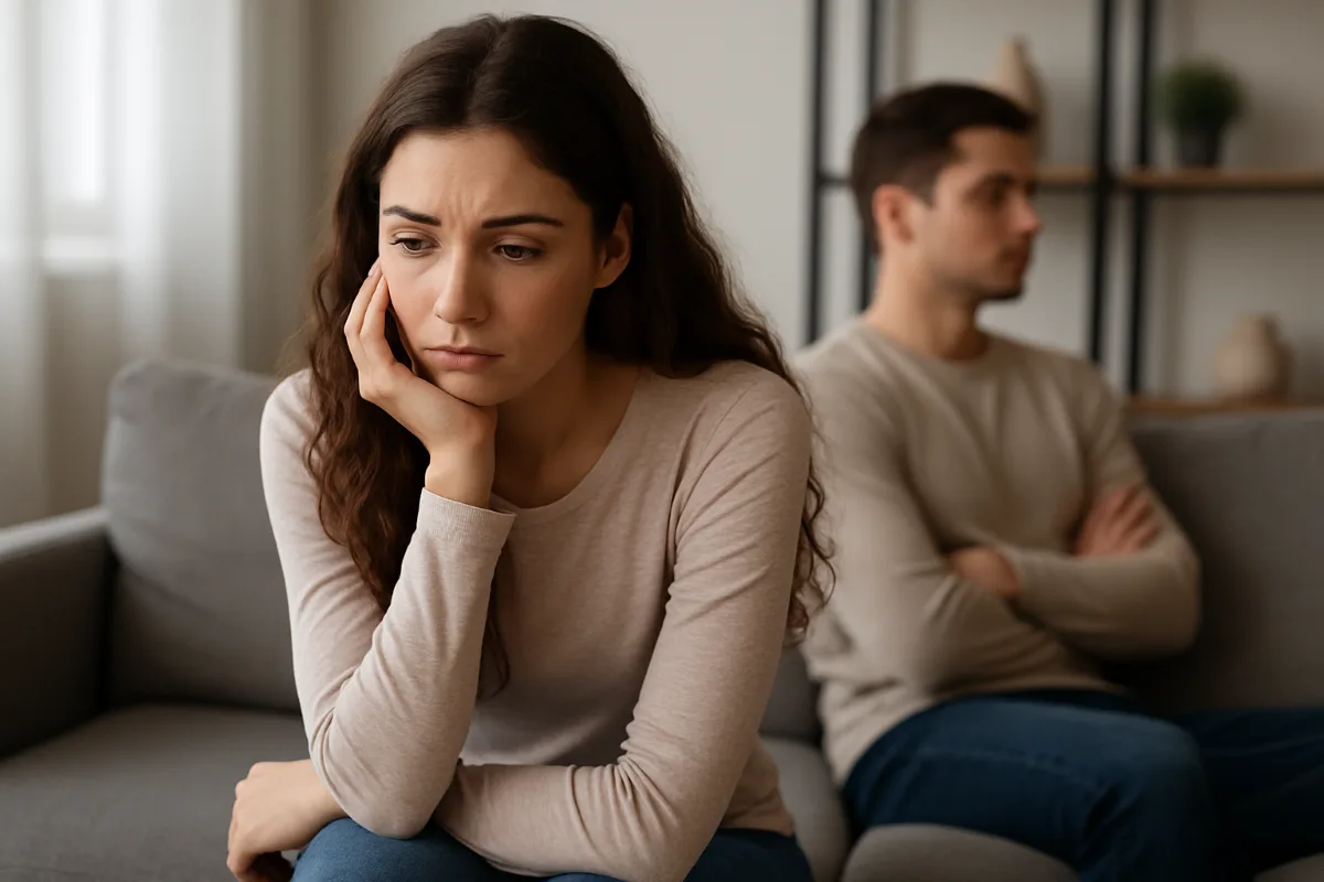 A woman appearing withdrawn while sitting apart from her partner