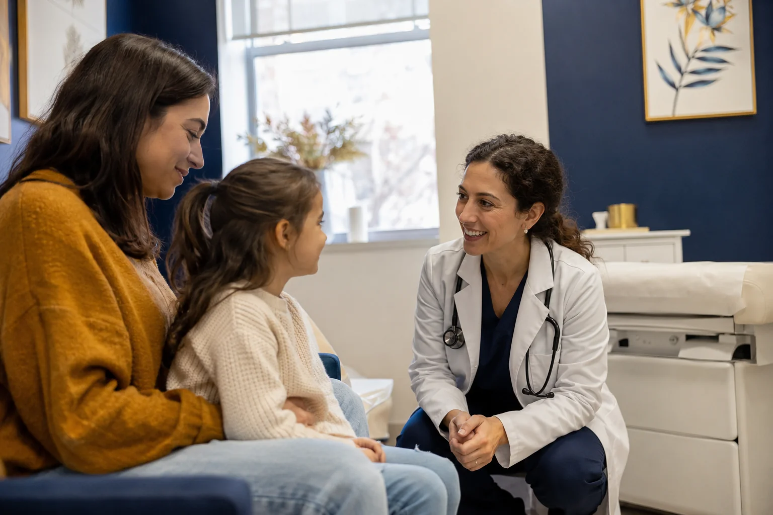 A family medicine physician crouches down to talk with a parent and child during a visit