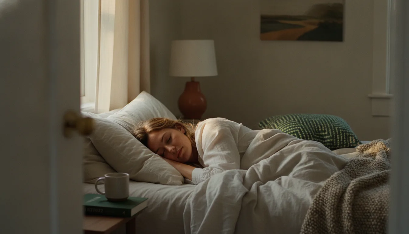 A woman sleeping peacefully in a sunlit bedroom