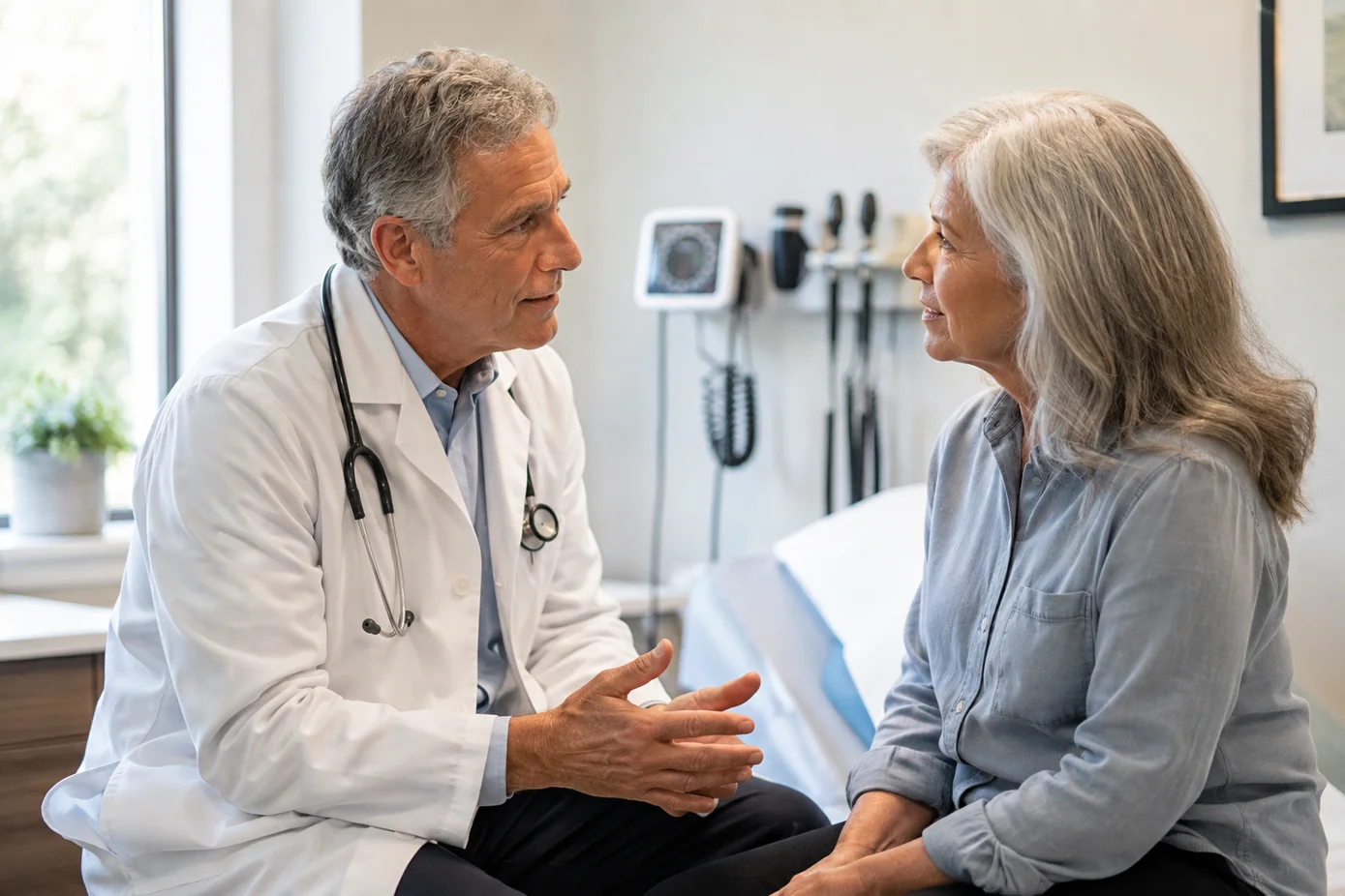 A male doctor discussing a wellness plan with an older woman patient