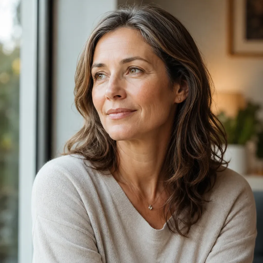A woman in her late forties looking out a window with a soft, hopeful smile