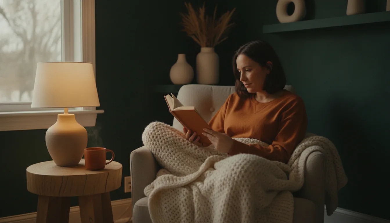 A woman reading calmly in an armchair under a blanket, a cup of tea beside her