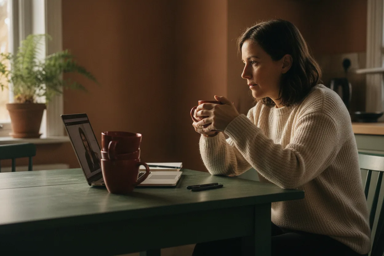 A woman sitting at her kitchen table with a mug, in a quiet moment at home