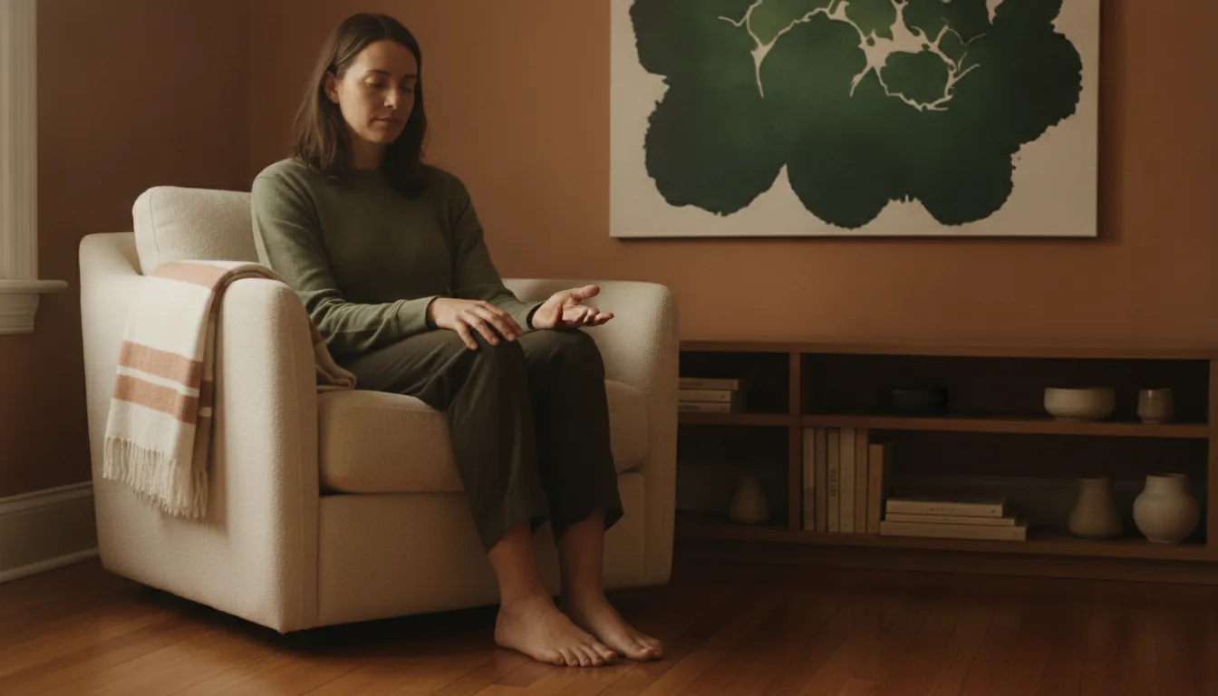 A woman sitting calmly in an armchair with her eyes closed, breathing slowly