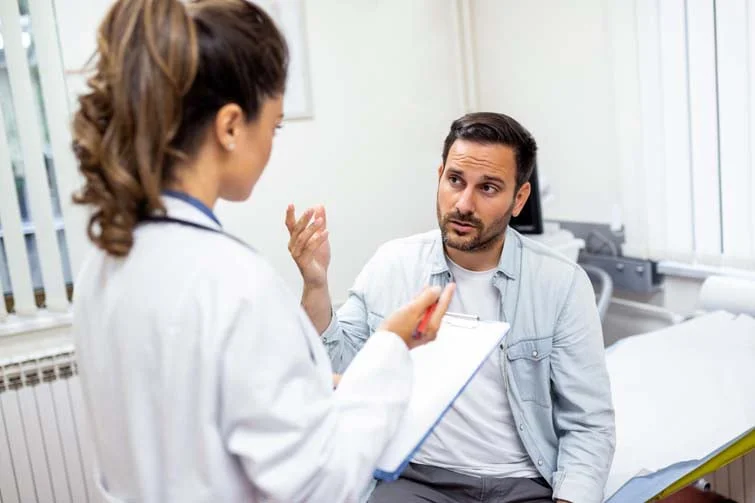 A clinician discussing a diabetes management plan with a patient during an office visit