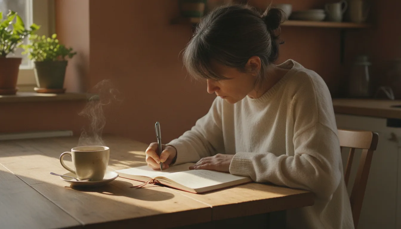 A woman writing in a journal at her kitchen table in morning light, representing tracking perimenopause symptoms