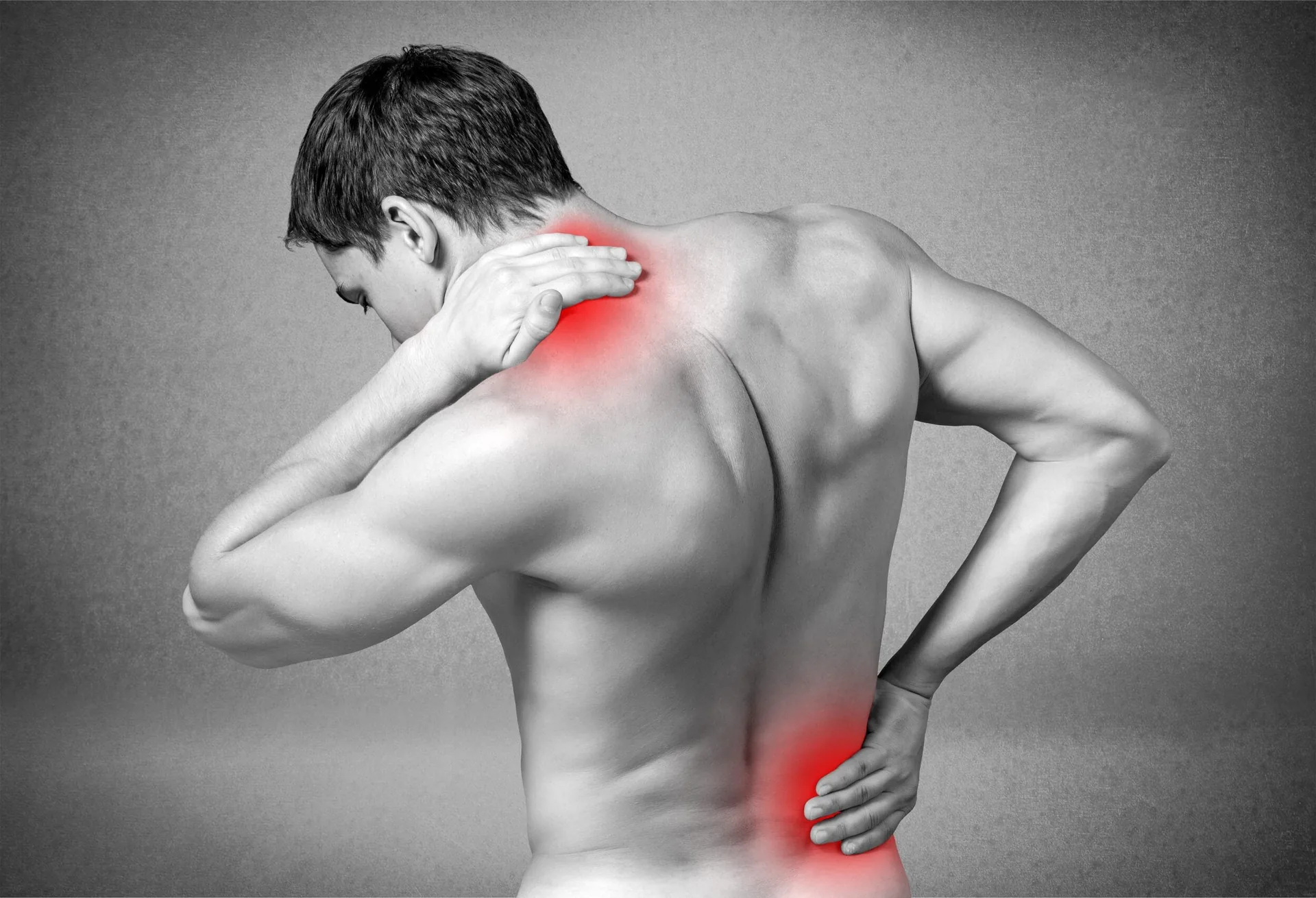 Illustration of a person's back with the neck, shoulder, and lower back areas highlighted to show common trigger point pain locations