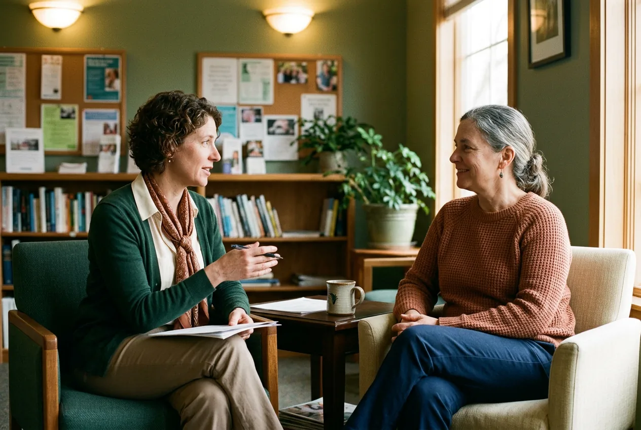 A clinician listening attentively as a patient speaks during an unhurried appointment
